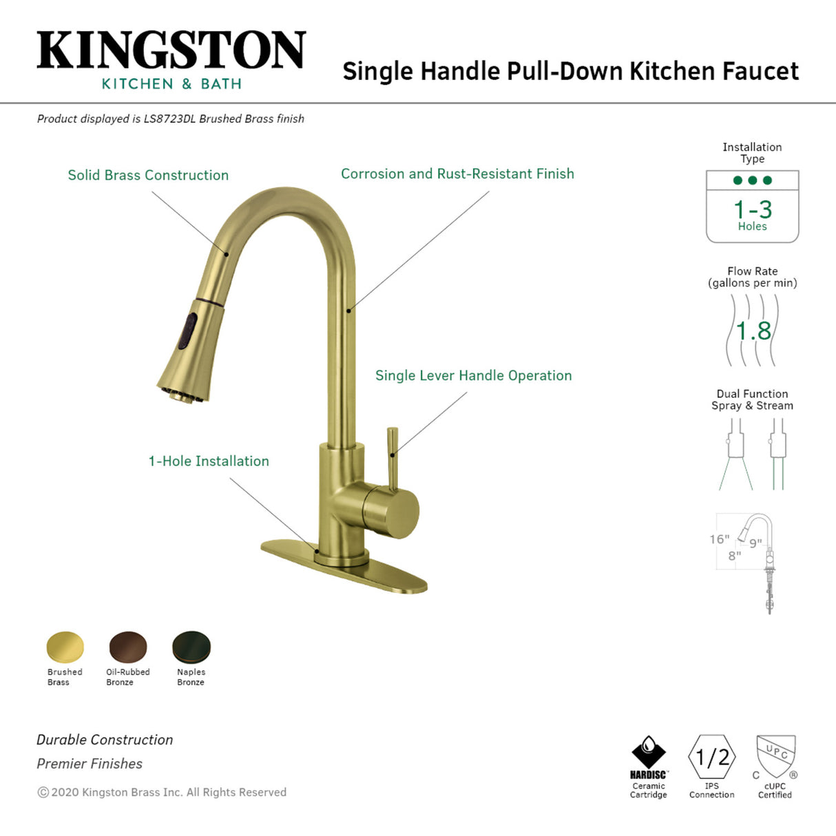 Gourmetier LS8726DL Concord Single-Handle Pull-Down Kitchen Faucet, Naples Bronze