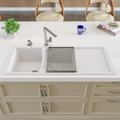 ALFI brand AB4620DI-W White 46" Double Bowl Granite Composite Kitchen Sink with Drainboard