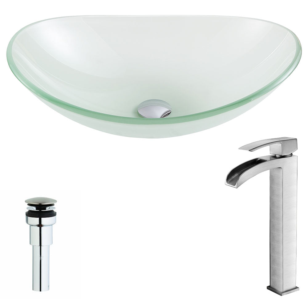 ANZZI LSAZ086-097B Forza Series Deco-Glass Vessel Sink in Lustrous Frosted with Key Faucet in Brushed Nickel