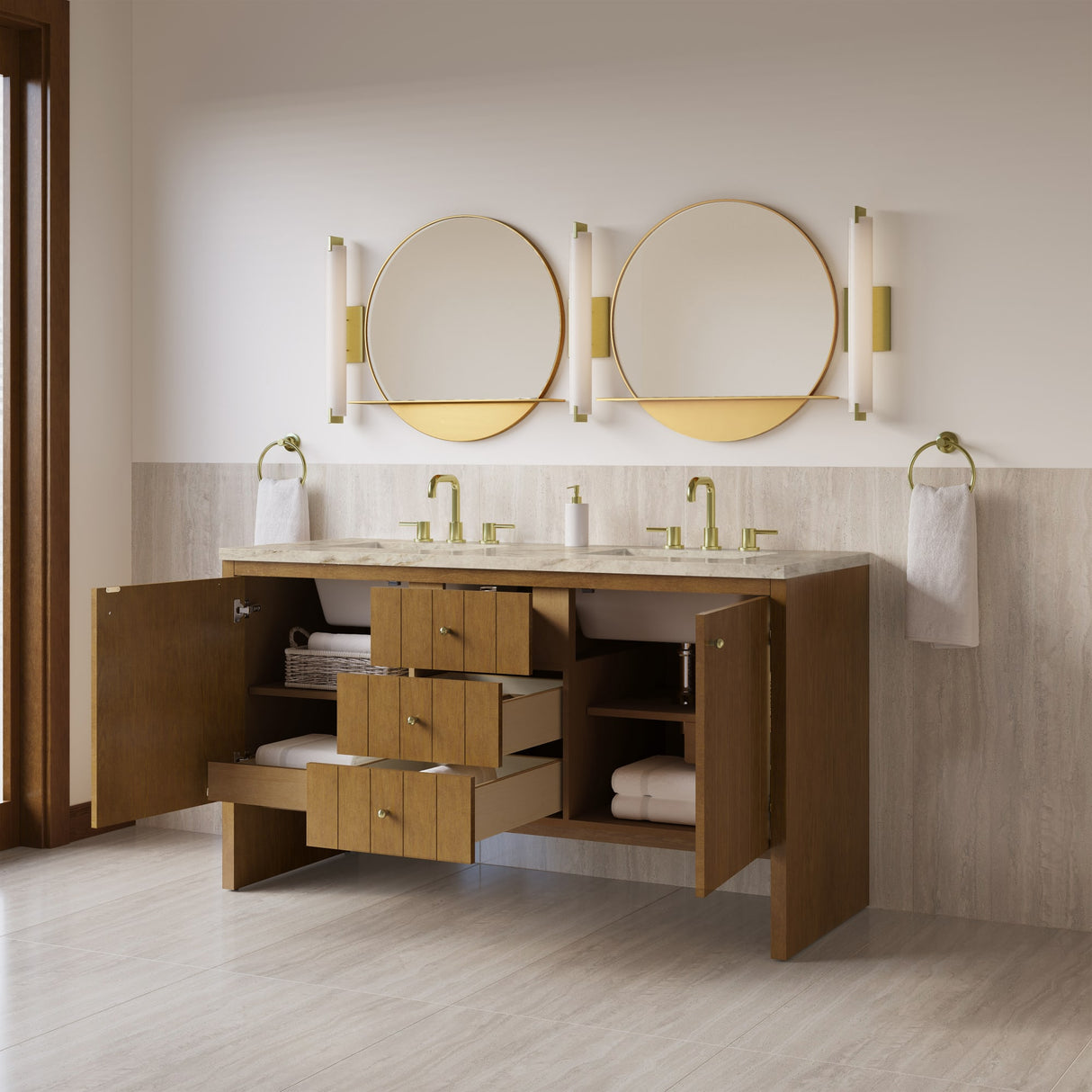 Hudson 60" Double Vanity, Honey Oak w/ 3 CM Tajnar Eclos Top w/FreePower Wireless Charger