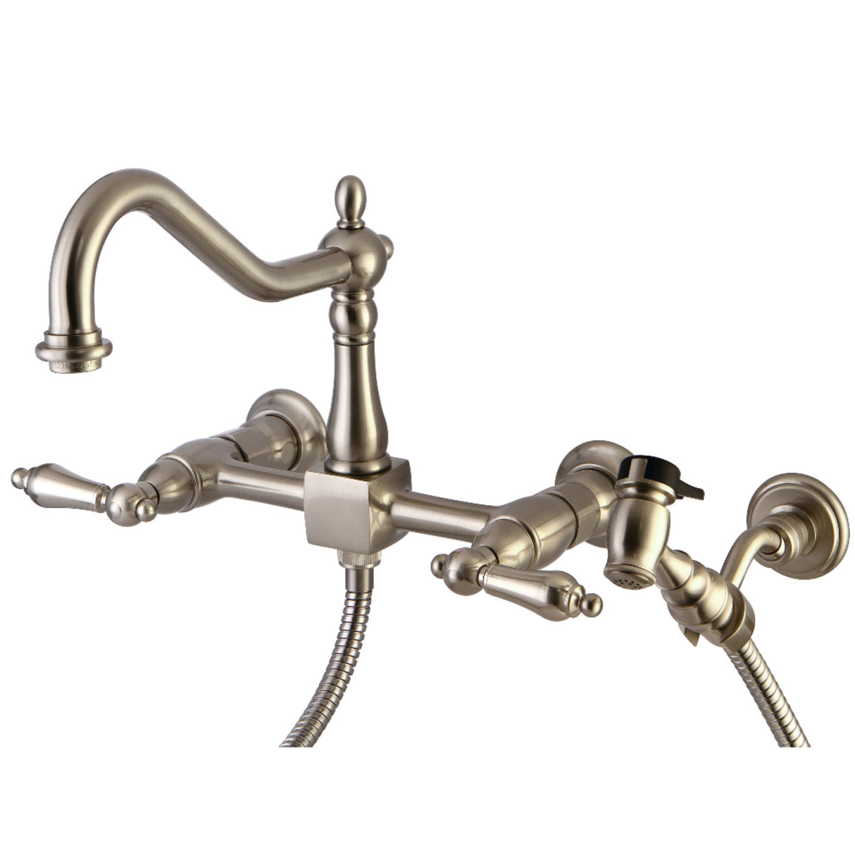Kingston Brass KS1248ALBS Heritage Wall Mount Bridge Kitchen Faucet with Brass Spray, Brushed Nickel