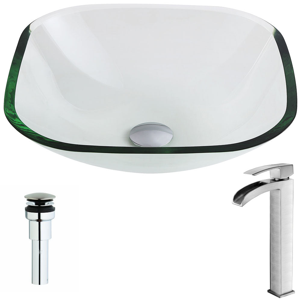 ANZZI LSAZ074-097B Cadenza Series Deco-Glass Vessel Sink in Lustrous Clear with Key Faucet in Brushed Nickel