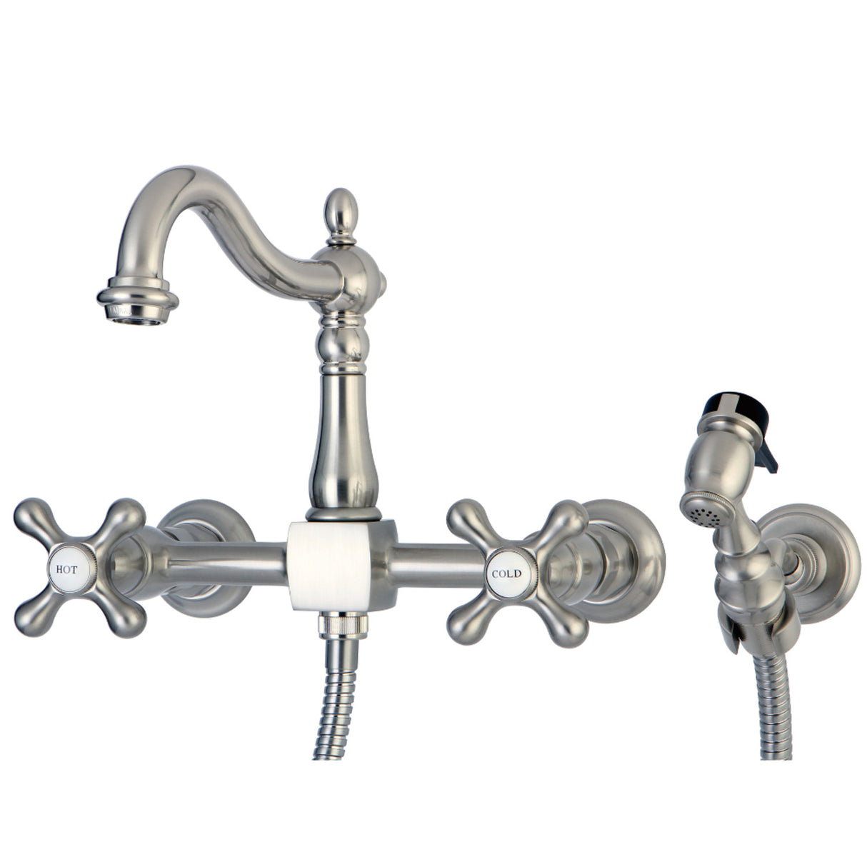 Kingston Brass KS1268AXBS Heritage Wall Mount Bridge Kitchen Faucet with Brass Sprayer, Brushed Nickel
