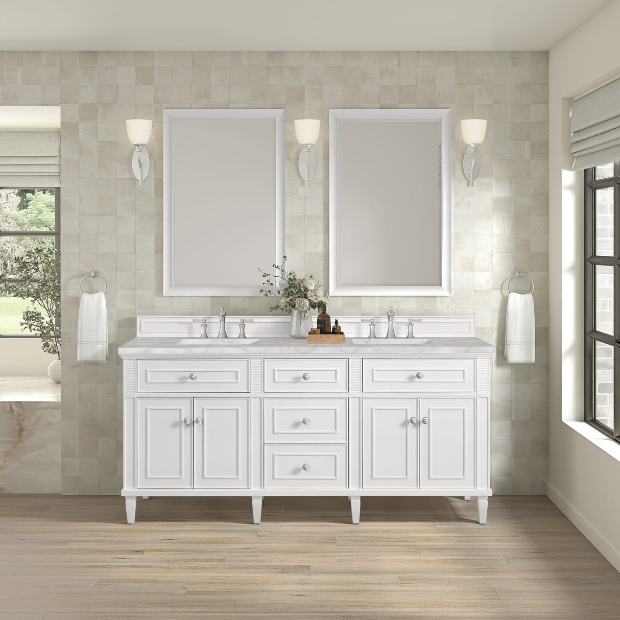 Lorelai 72" Double Vanity, Bright White w/ 3 CM Victorian Silver Silestone Top