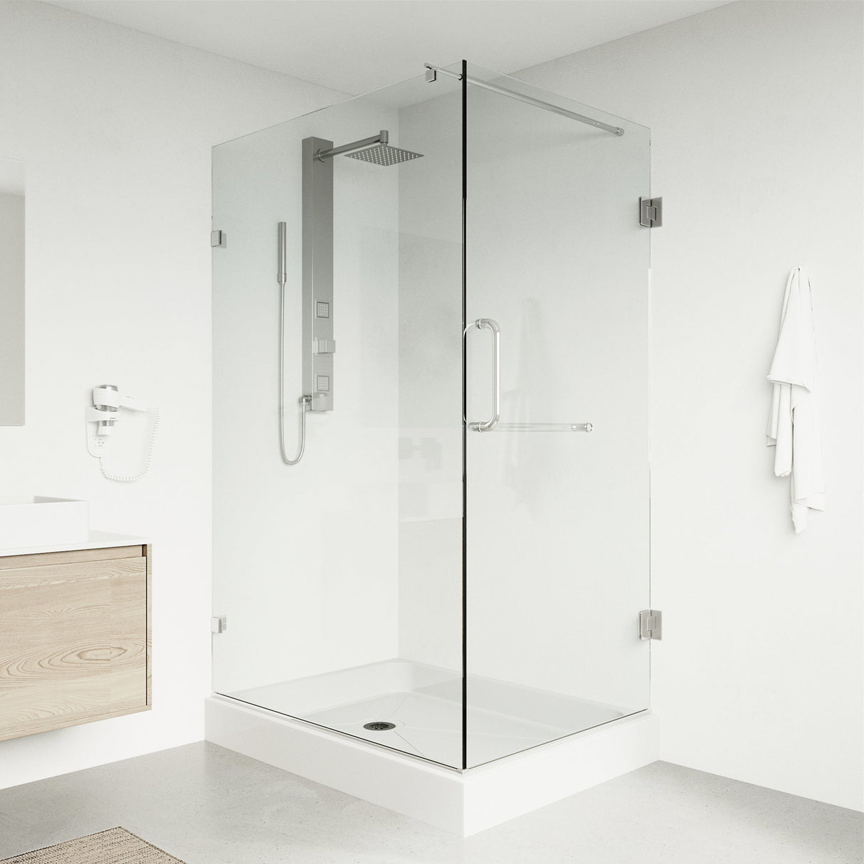 VIGO Pacifica 48.125 W x 70.75 H Frameless Hinged Shower Enclosure in Chrome with shower base and handle VG6012CHCL36WL