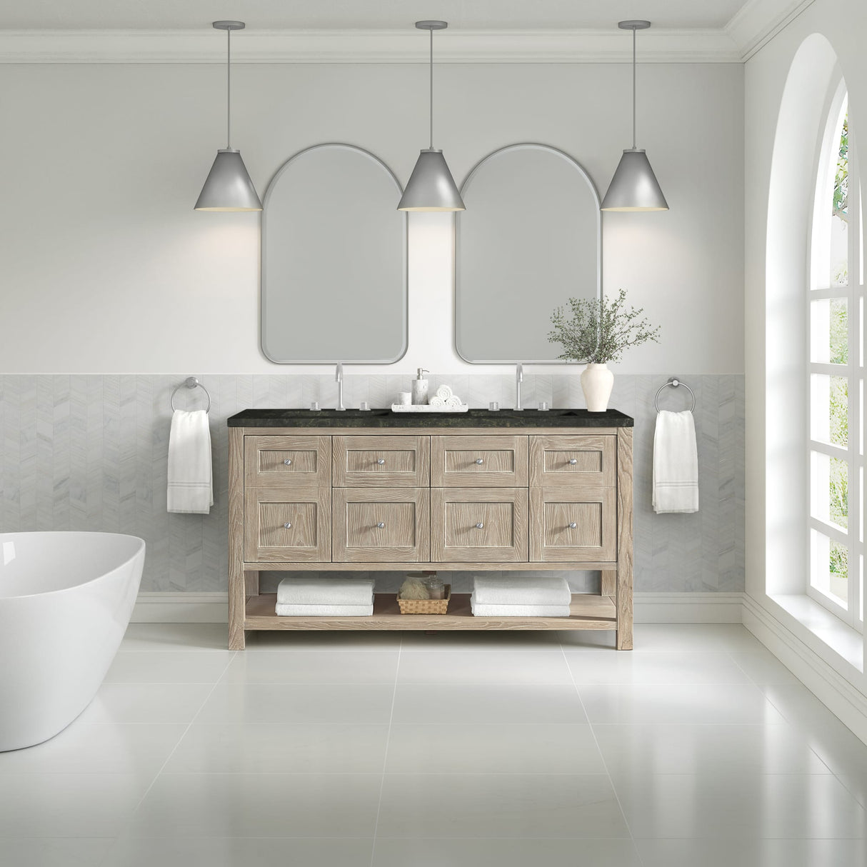 Breckenridge 60" Double Vanity, Whitewashed Oak, w/ 3 CM Phantome Eclos Top
