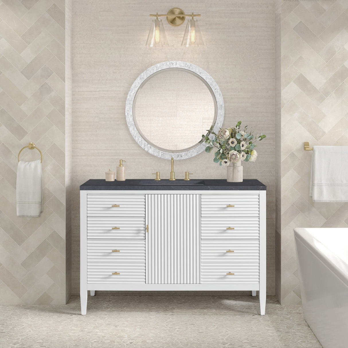 Myrrin 48" Single Vanity, Bright White w/ 3 CM Charcoal Soapstone Silestone Top