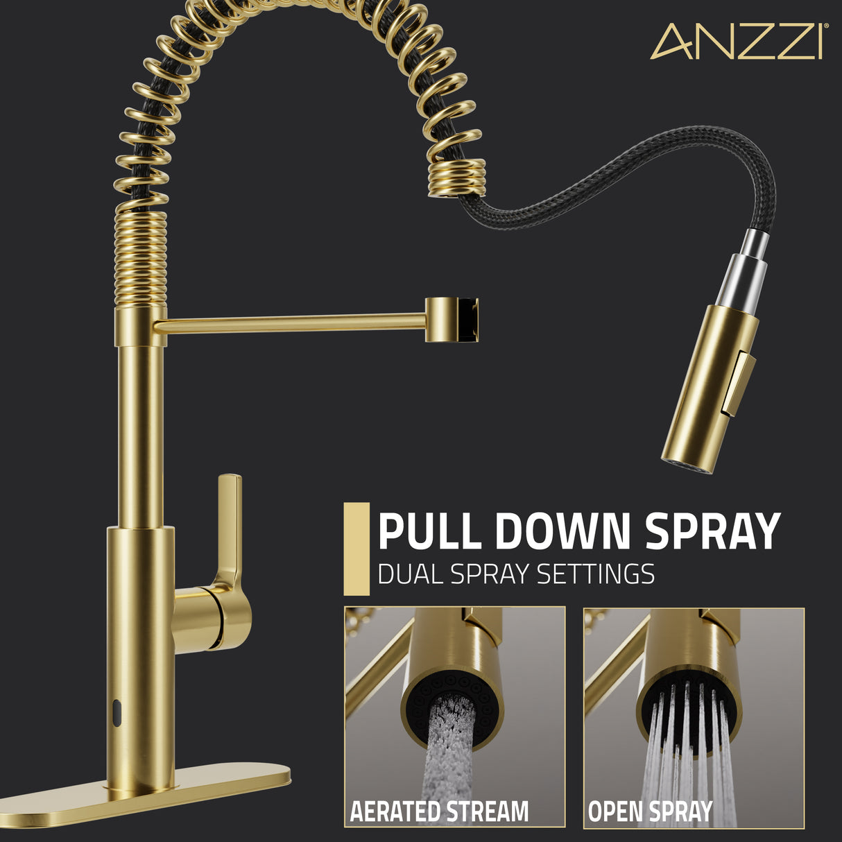 ANZZI KF-AZ303BG Ola Hands Free Touchless 1-Handle Pull-Down Sprayer Kitchen Faucet with Motion Sense and Fan Sprayer in Brushed Gold