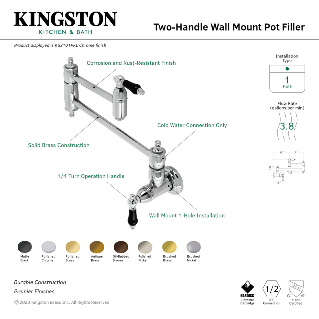 Kingston Brass KS3107PKL Duchess Wall Mount Pot Filler, Brushed Brass