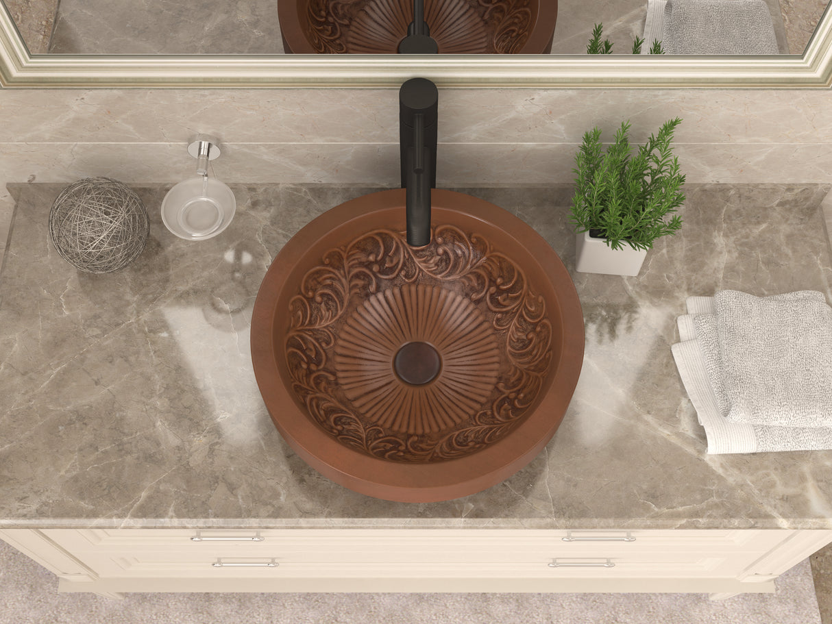 ANZZI BS-007 Thessaly 17 in. Handmade Vessel Sink in Polished Antique Copper with Floral Design Interior