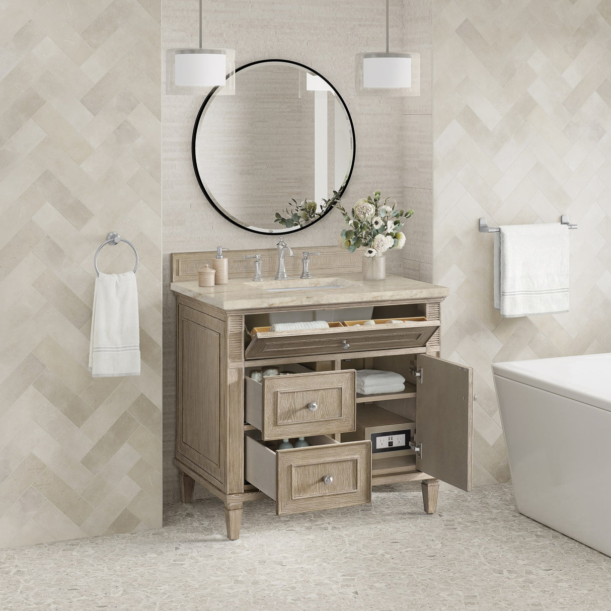 Lorelai 36" Single Vanity, Whitewashed Oak, w/ 3 CM Tajnar Eclos Top