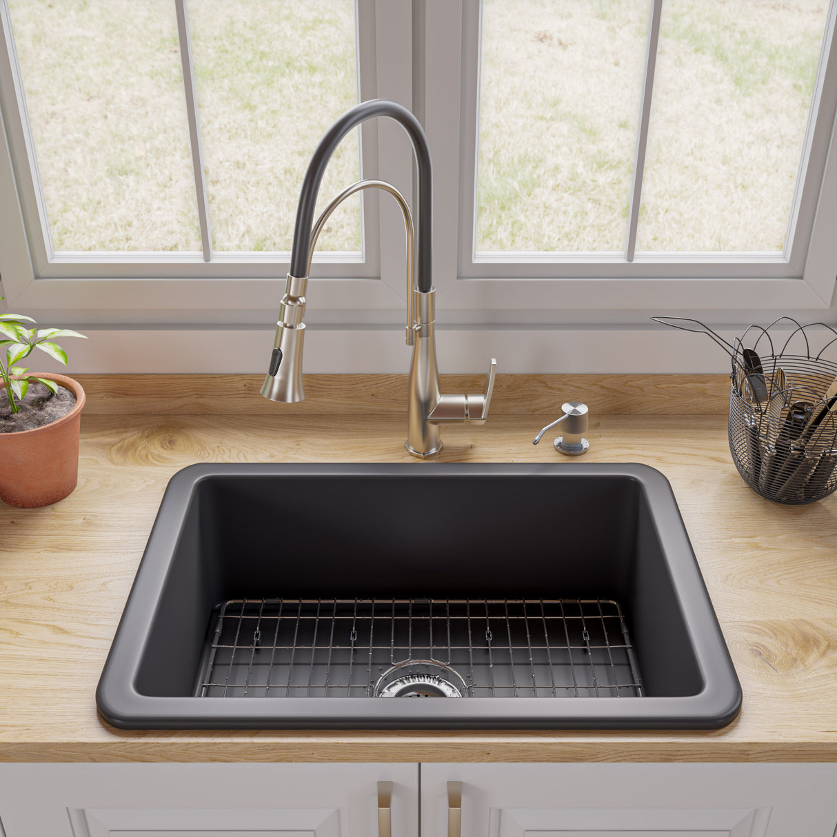 Black Matte 27" x 18" Fireclay Undermount / Drop In Firelcay Kitchen Sink