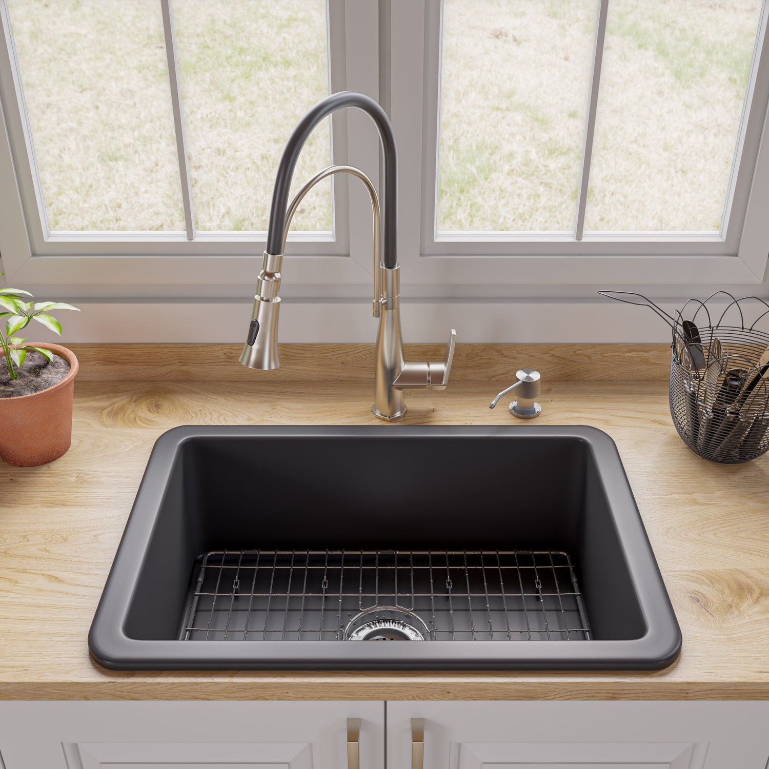 Black Matte 27" x 18" Fireclay Undermount / Drop In Firelcay Kitchen Sink