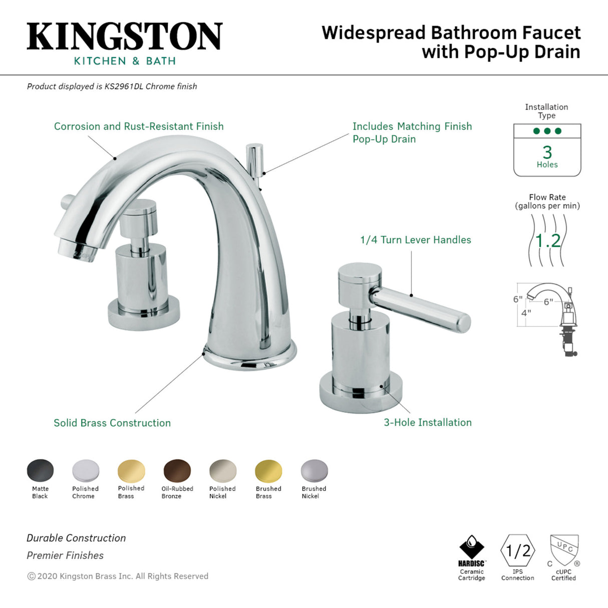 Kingston Brass KS2968DL 8 in. Widespread Bathroom Faucet, Brushed Nickel