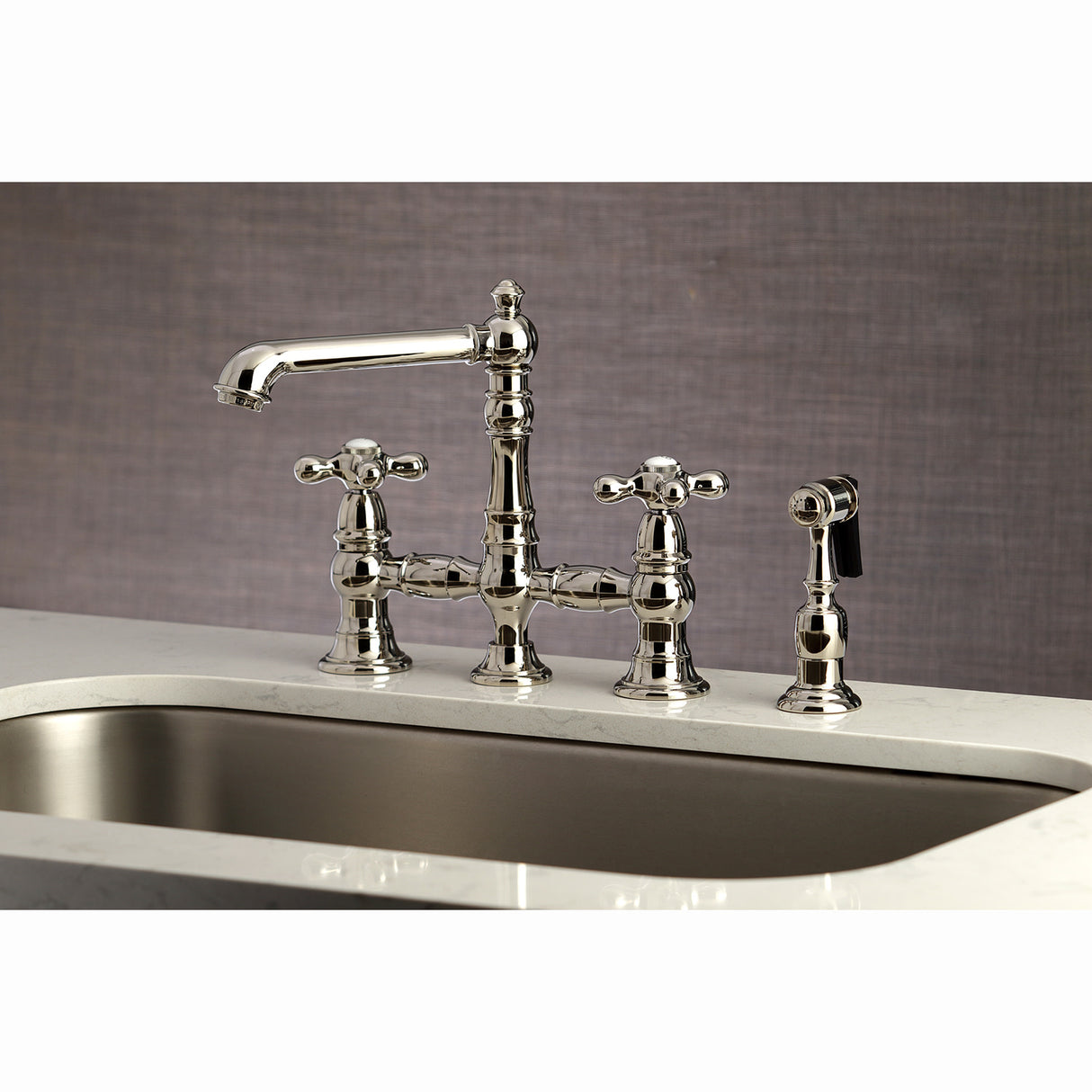 Kingston Brass KS7276AXBS English Country 8" Bridge Kitchen Faucet with Sprayer, Polished Nickel