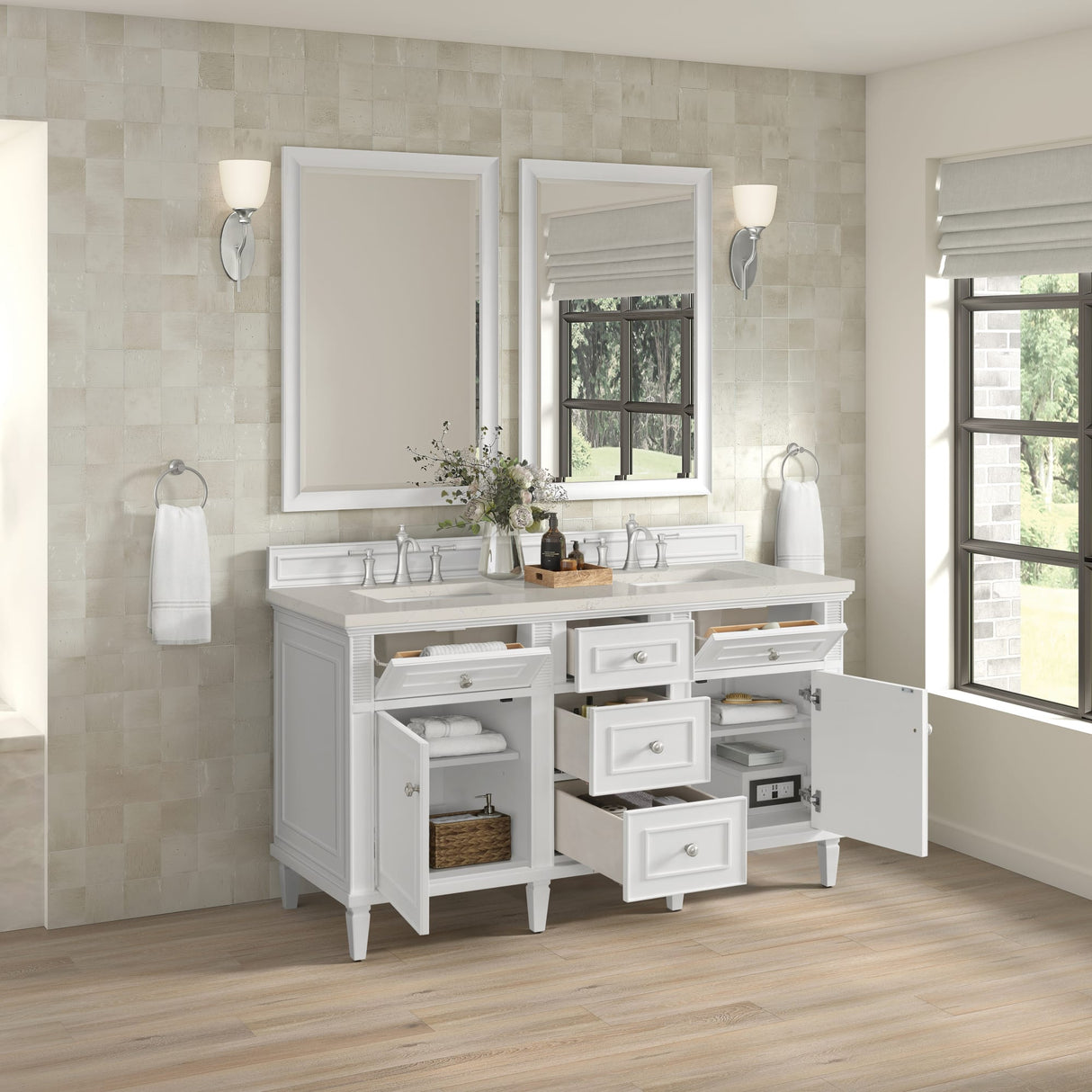 Lorelai 60" Double Vanity, Bright White, w/ 3 CM Siberian Silestone Top w/FreePower Wireless Charger