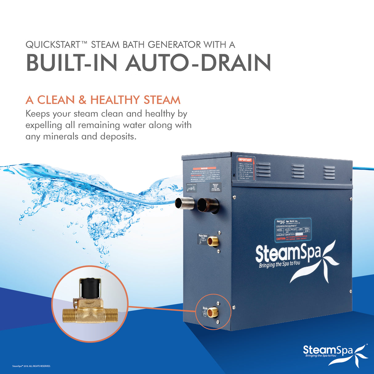 SteamSpa Premium 9 KW QuickStart Acu-Steam Bath Generator Package with Built-in Auto Drain in Gold PRT900GD-A