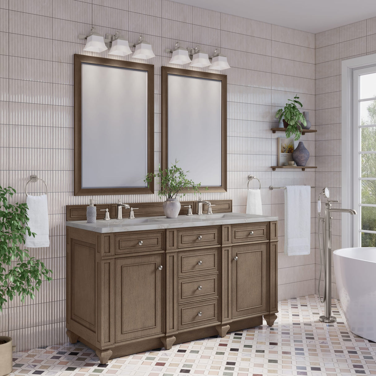 Bristol 60" Double Vanity, Whitewashed Walnut w/ 3 CM Victorian Silver Silestone Top