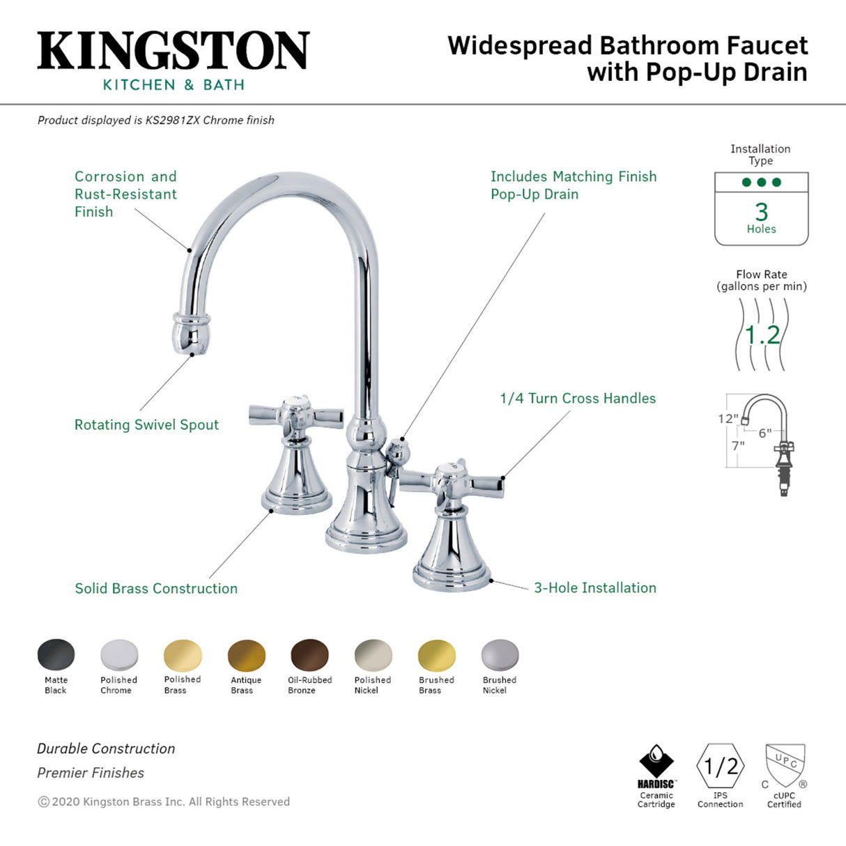 Kingston Brass KS2982ZX Millennium Widespread Bathroom Faucet with Brass Pop-Up, Polished Brass