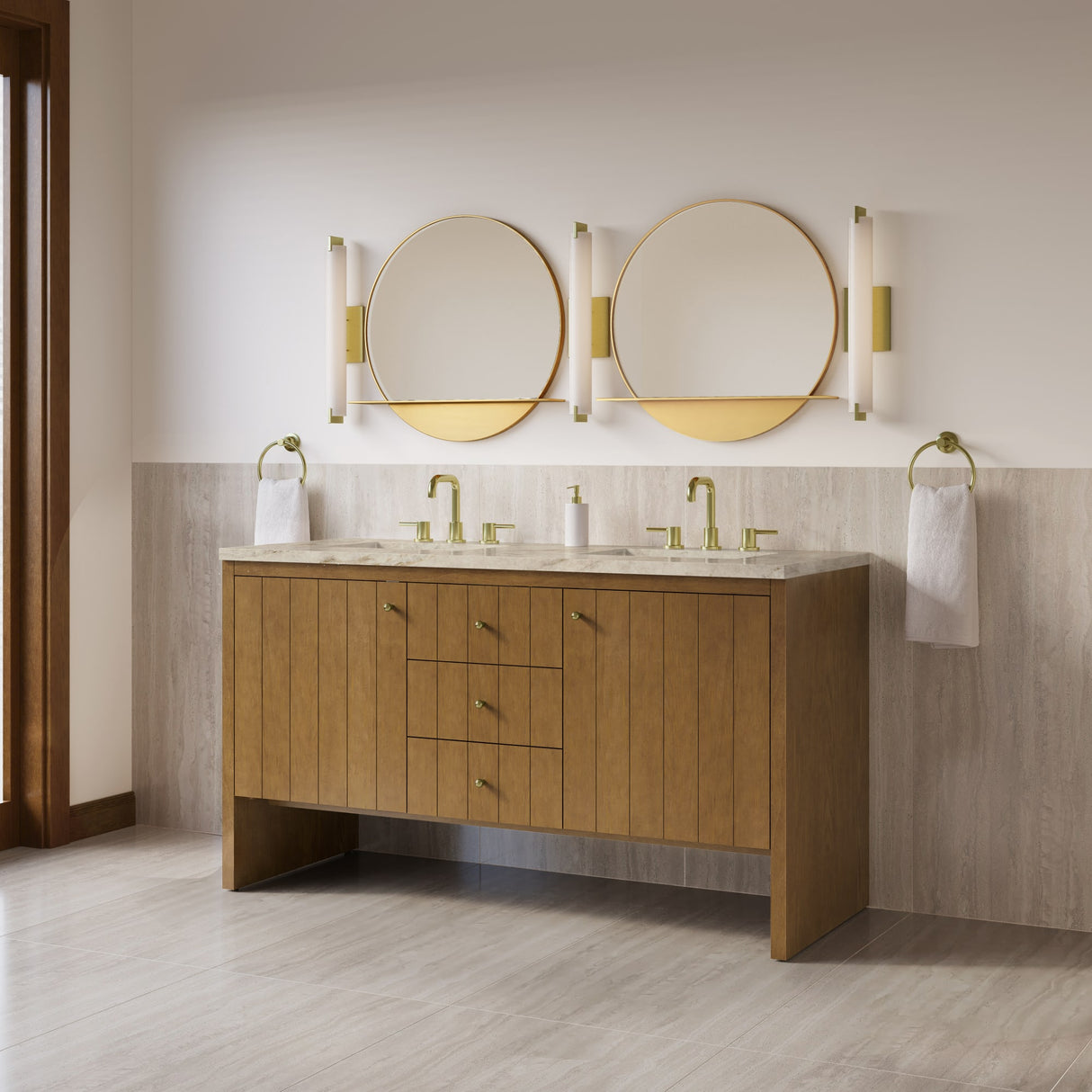 Hudson 60" Double Vanity, Honey Oak w/ 3 CM Tajnar Eclos Top w/FreePower Wireless Charger