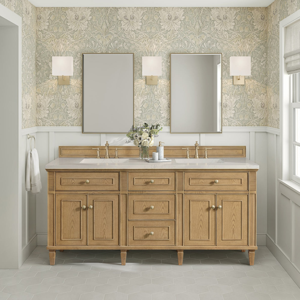 Lorelai 72" Double Vanity, Light Natural Oak, w/ 3 CM Siberian Silestone Top w/FreePower Wireless Charger