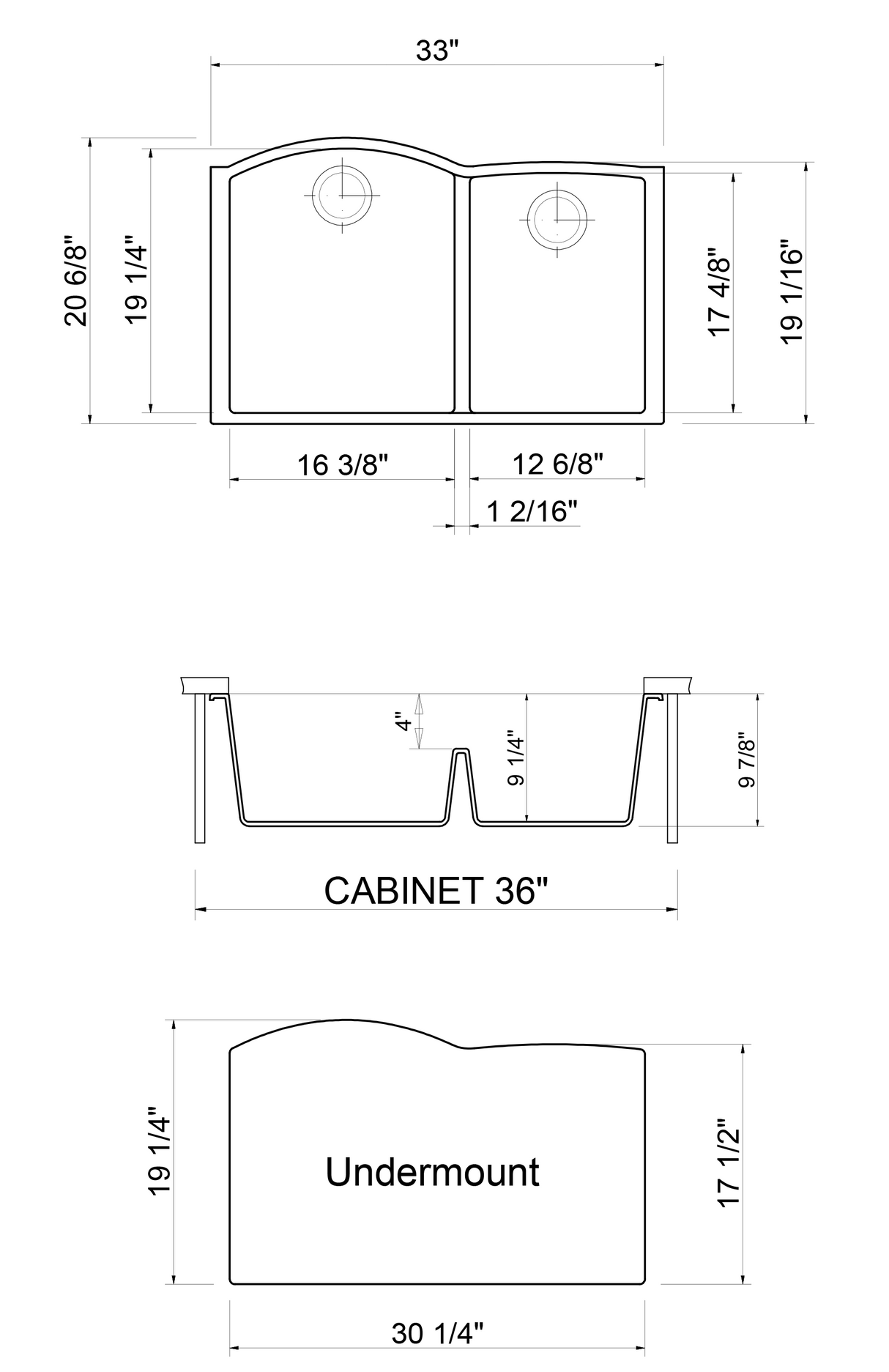 ALFI brand AB3320UM-BLA Black 33" Double Bowl Undermount Granite Composite Kitchen Sink