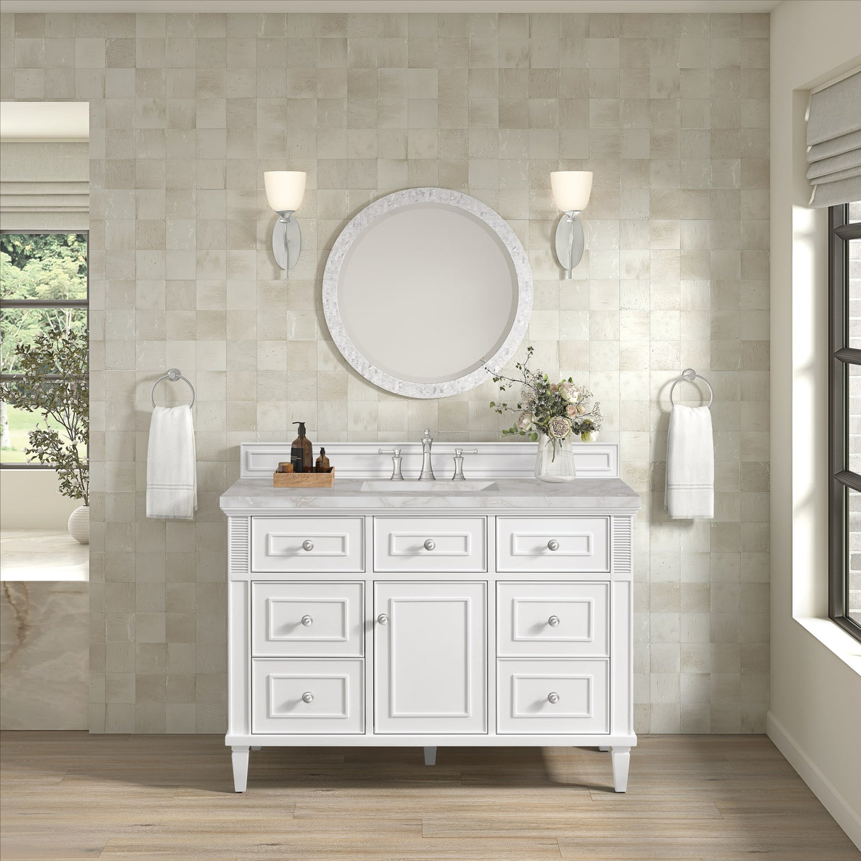 Lorelai 48" Single Vanity, Bright White w/ 3 CM Victorian Silver Silestone Top