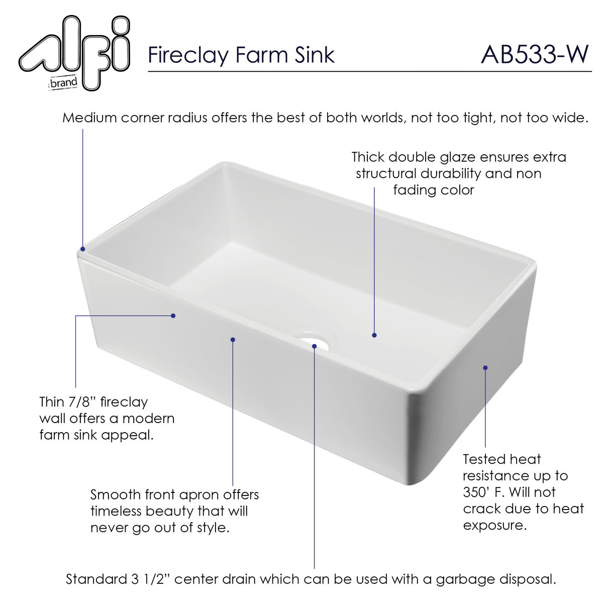 ALFI brand AB533-W 33" White Smooth Apron Single Bowl Fireclay Farm Sink