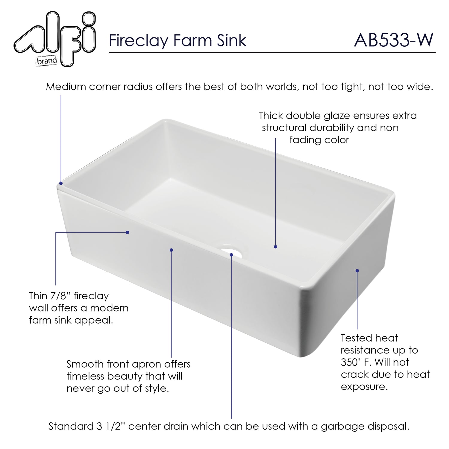 ALFI brand AB533-W 33" White Smooth Apron Single Bowl Fireclay Farm Sink