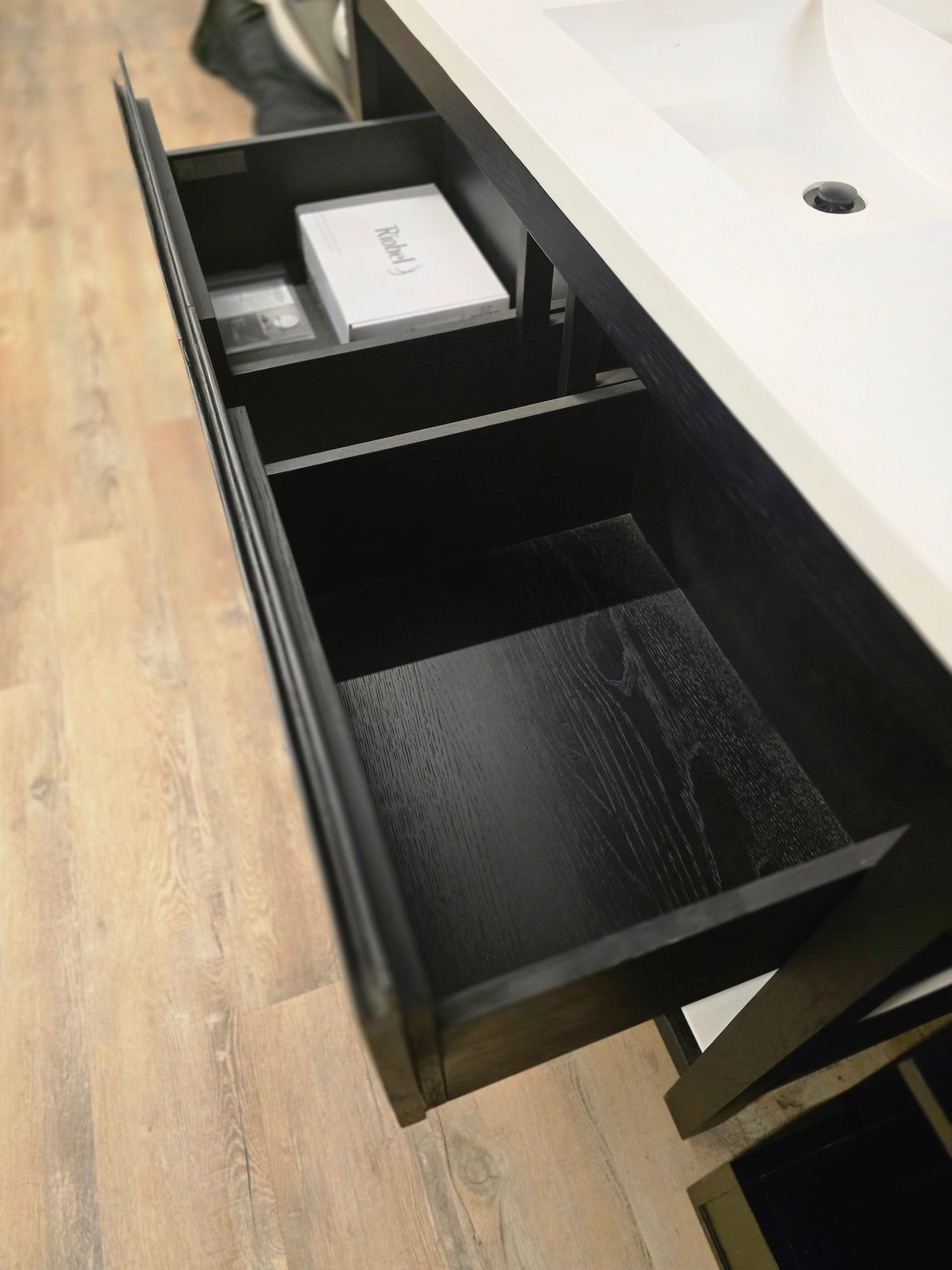 Native Trails 48" Solace Vanity in Midnight Oak with Pearl Shelf, Matte Black Riobel Faucet, and Matching Pearl Top (Showroom Display)