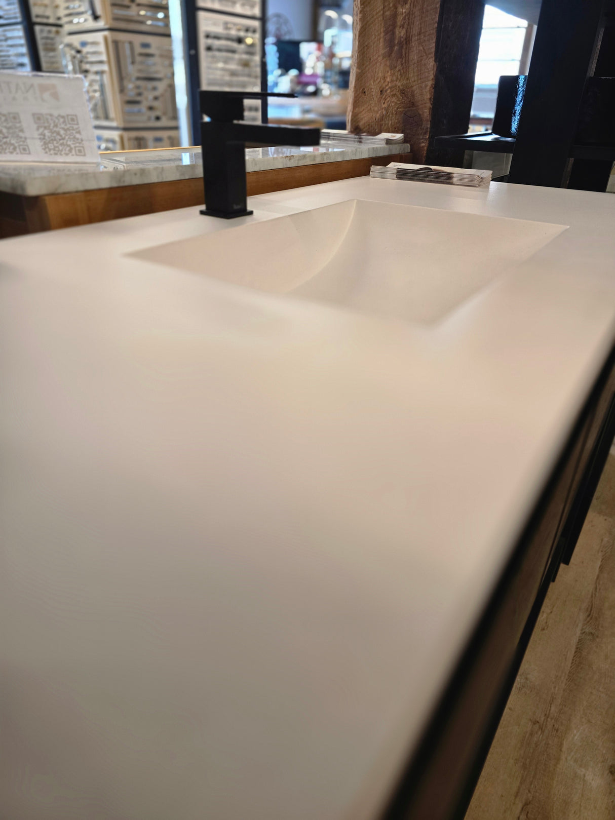 Native Trails 48" Solace Vanity in Midnight Oak with Pearl Shelf, Matte Black Riobel Faucet, and Matching Pearl Top (Showroom Display)