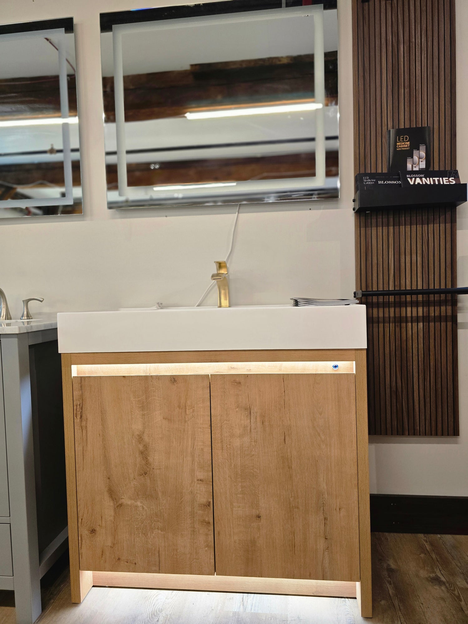 36" Capri Classic Oak Vanity with an Acrylic Basin, Brushed Gold Pfister Faucet, and an *Optional* LED Mirror