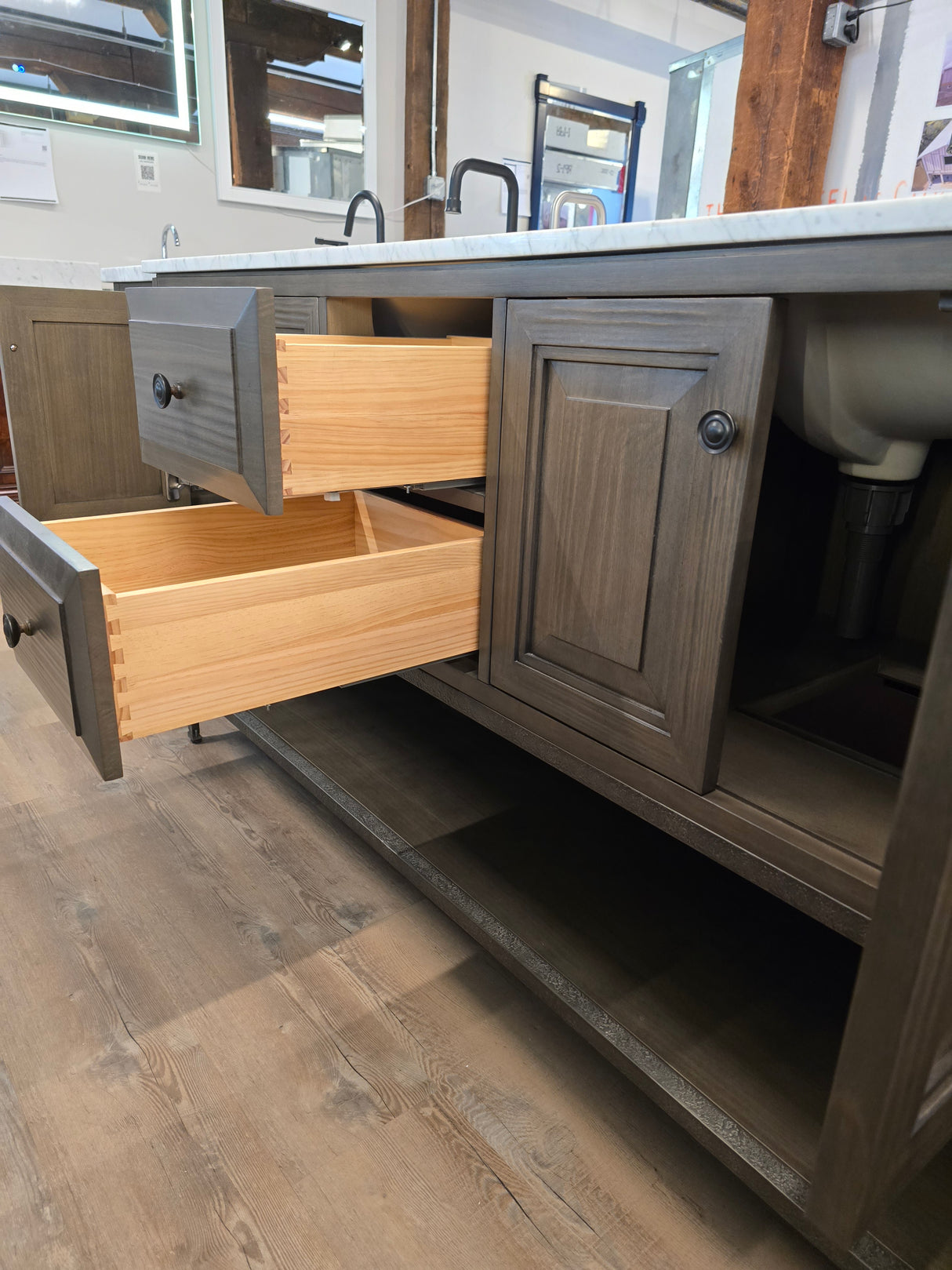 60" Toledo Double Bowl Vanity in Fairmont's Driftwood Grey with Marble Top and Two Black Faucets