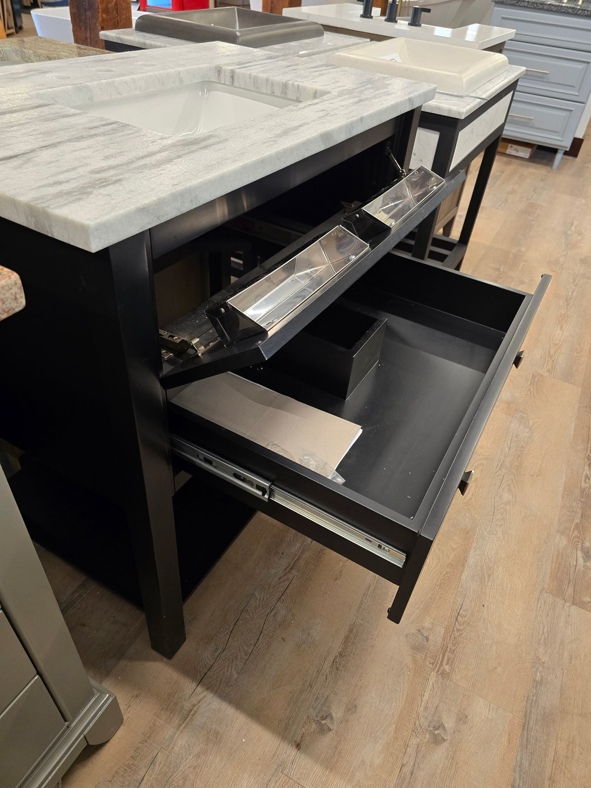 36" Jeffrey Alexander Black Adler Vanity with Roman White Natural Stone Countertop in Leather Finish