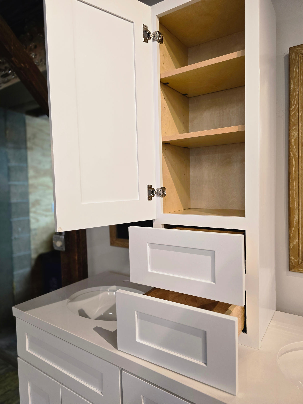60" Cab-Tec Shaker White Double Vanity with *Optional* Storage Tower, Cambria Quartz Counter & Weathered Oak Mirrors