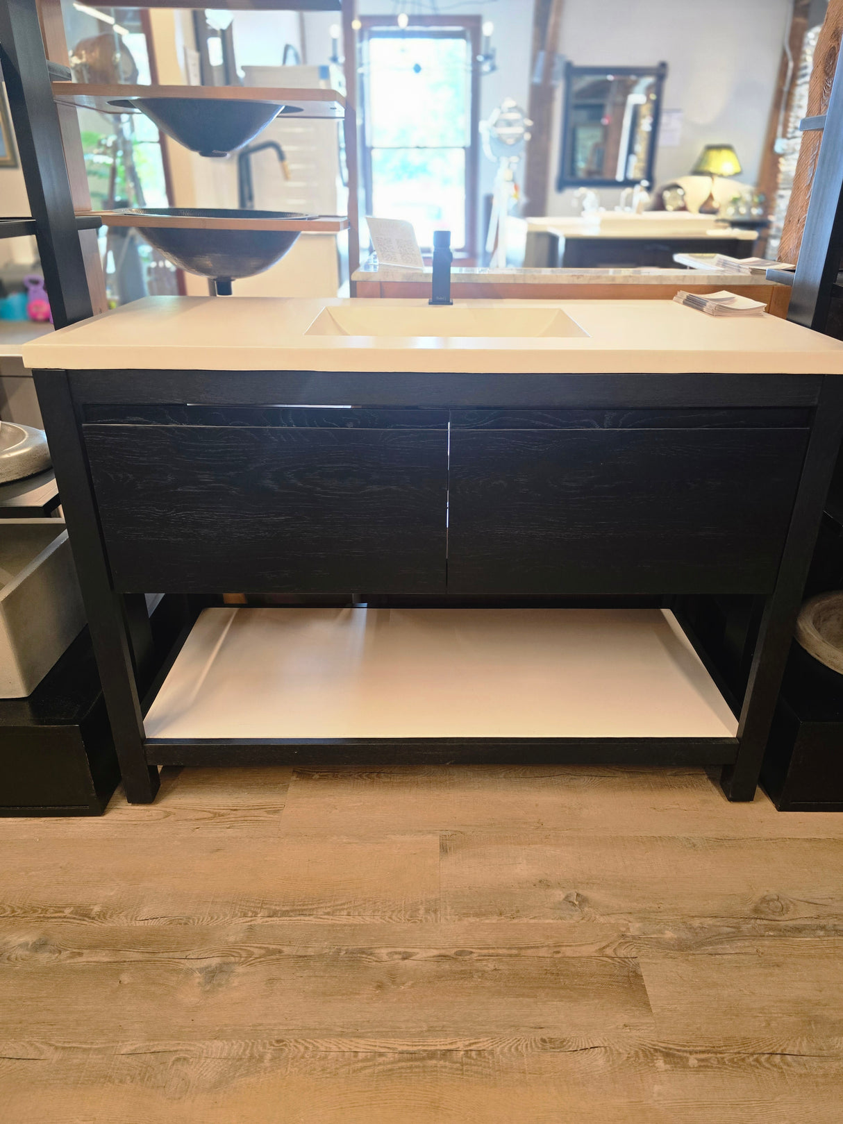 Native Trails 48" Solace Vanity in Midnight Oak with Pearl Shelf, Matte Black Riobel Faucet, and Matching Pearl Top (Showroom Display)