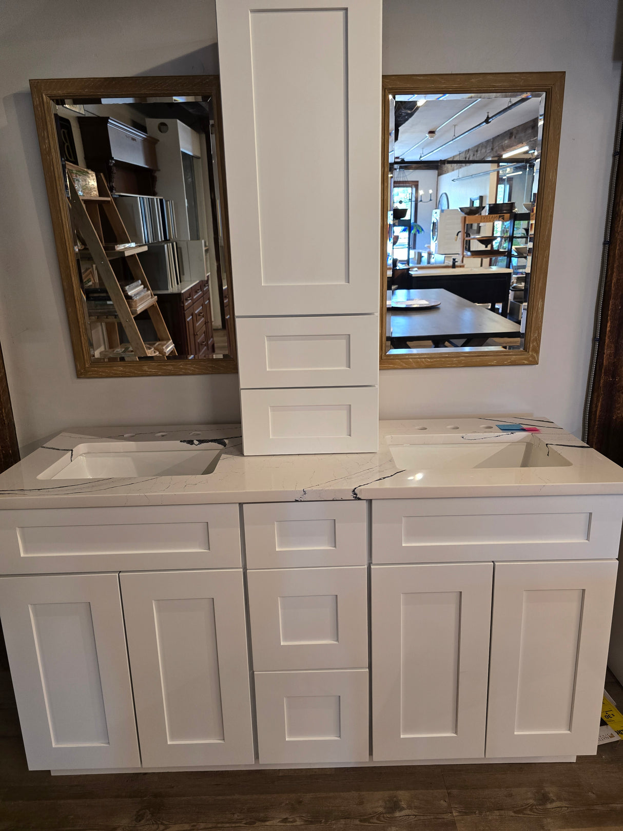 60" Cab-Tec Shaker White Double Vanity with *Optional* Storage Tower, Cambria Quartz Counter & Weathered Oak Mirrors