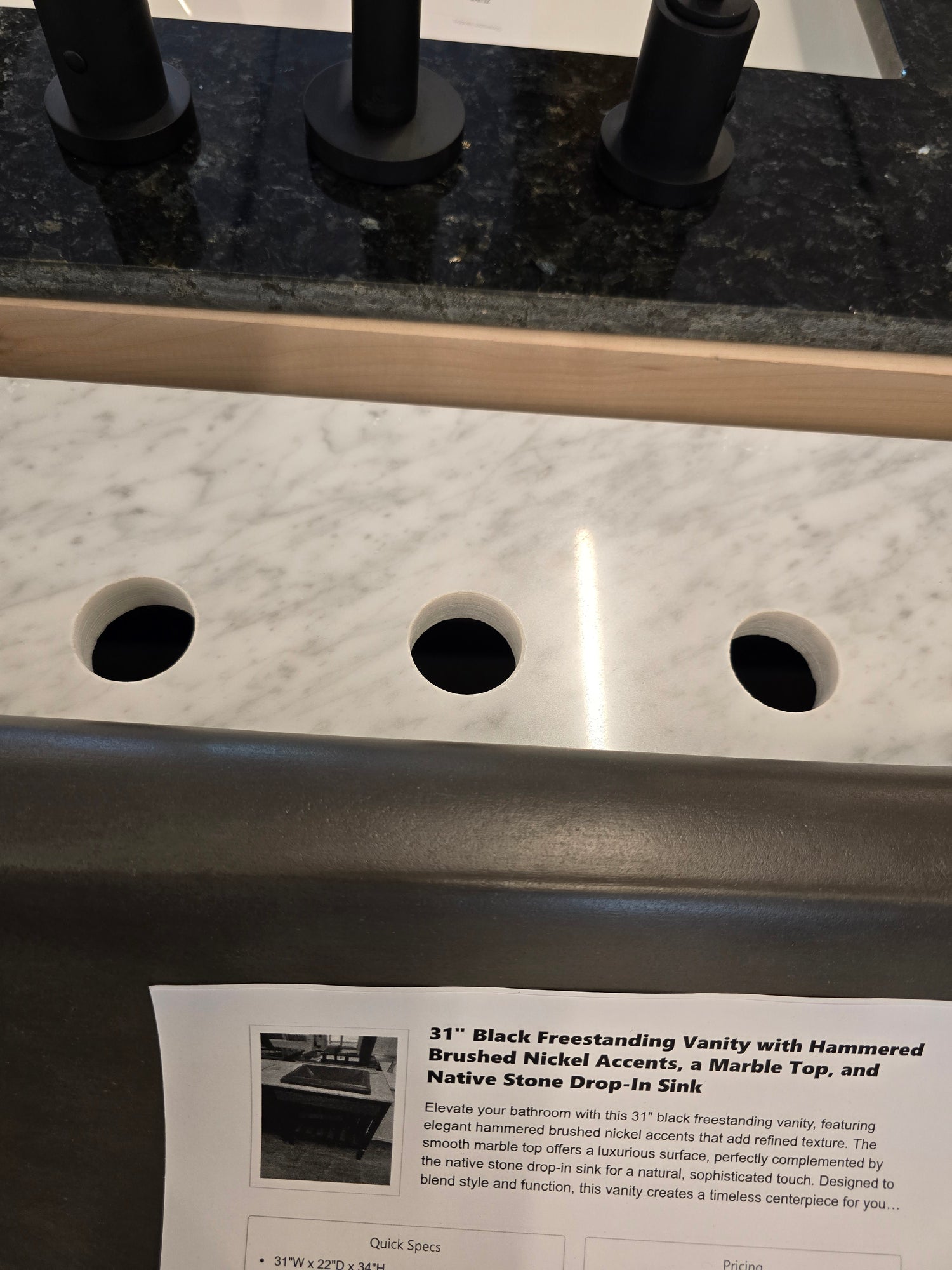 31" Black Freestanding Vanity with Hammered Brushed Nickel Accents, a Marble Top, and Native Stone Drop-In Sink