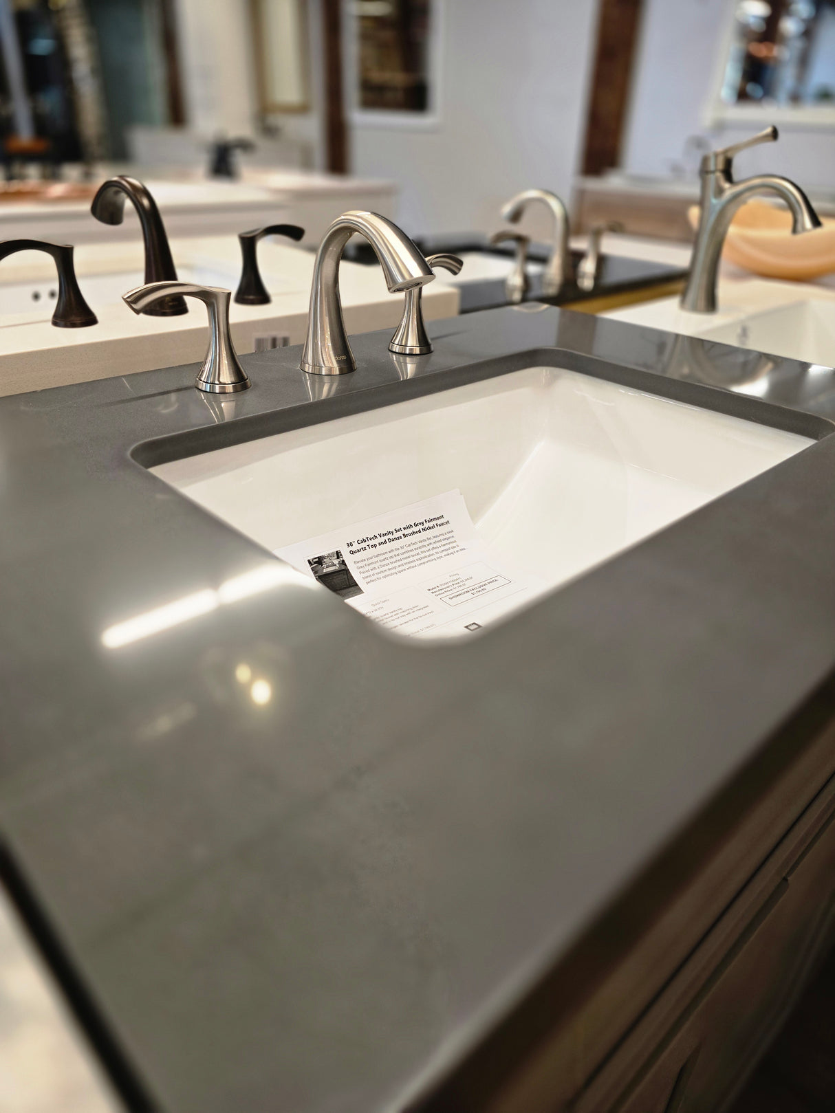 30" Cab-Tec White Vanity Set with Grey Fairmont Quartz Top and Danze Brushed Nickel Faucet