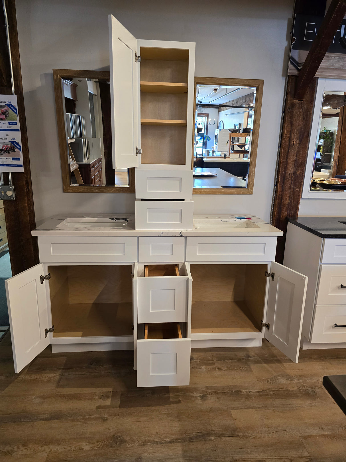 60" Cab-Tec Shaker White Double Vanity with *Optional* Storage Tower, Cambria Quartz Counter & Weathered Oak Mirrors