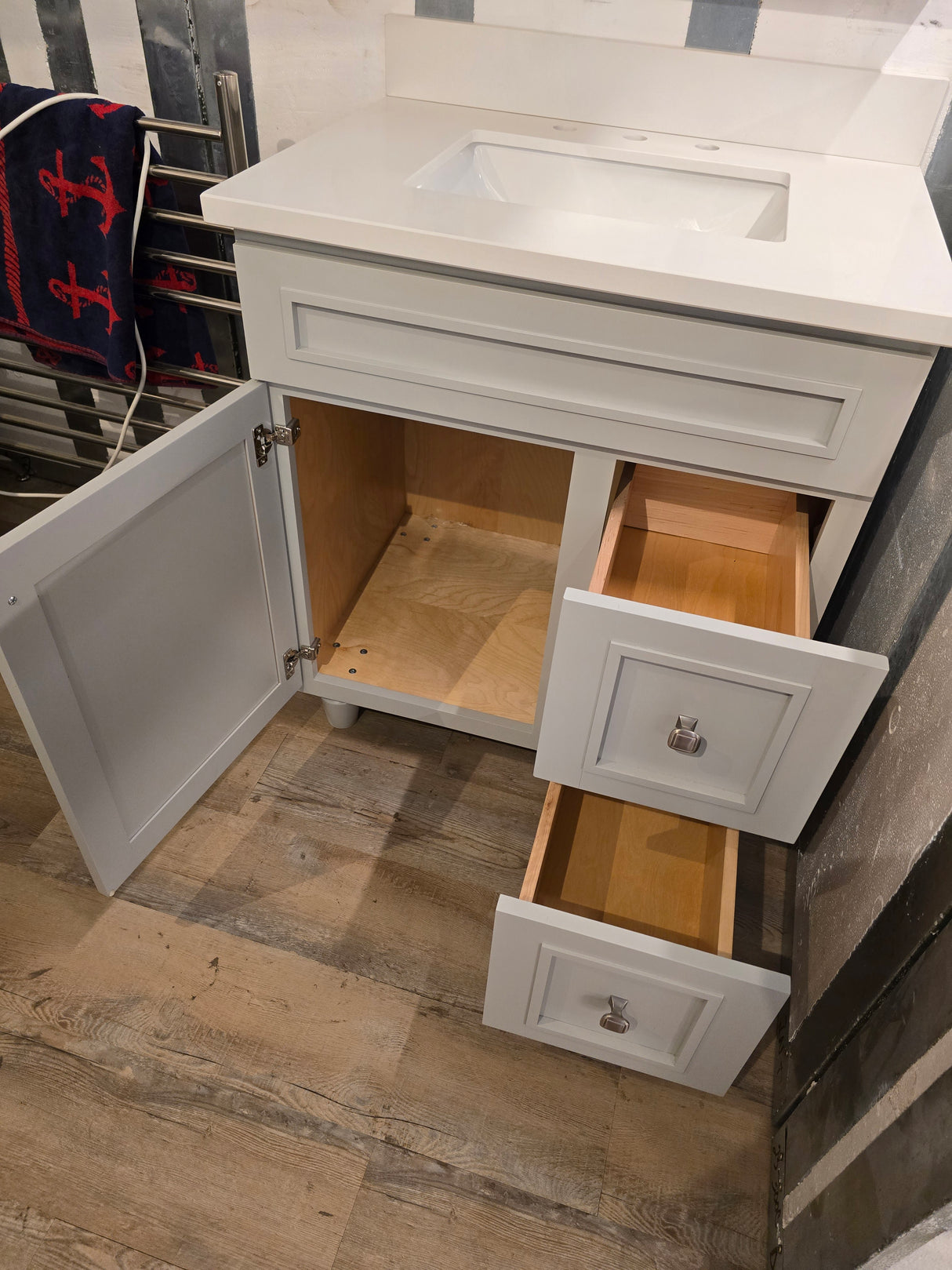 30" Light Grey Bertch Vanity with Quartz Top and Matching Medicine Cabinet