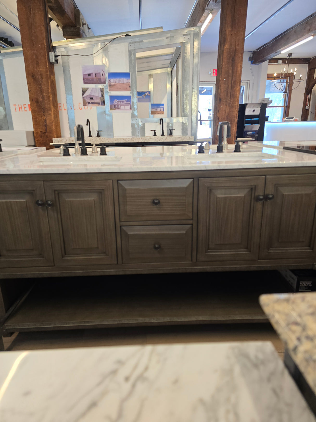 60" Toledo Double Bowl Vanity in Fairmont's Driftwood Grey with Marble Top and Two Black Faucets