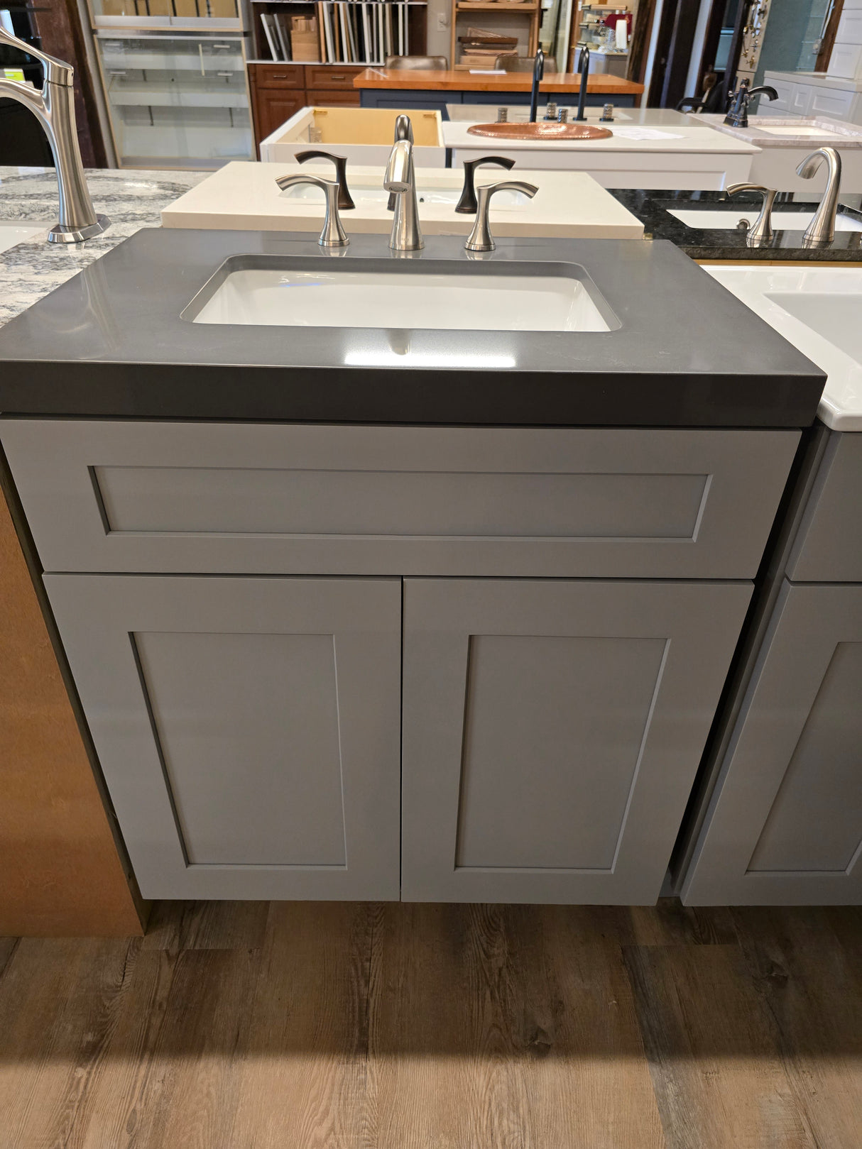 30" Cab-Tec White Vanity Set with Grey Fairmont Quartz Top and Danze Brushed Nickel Faucet