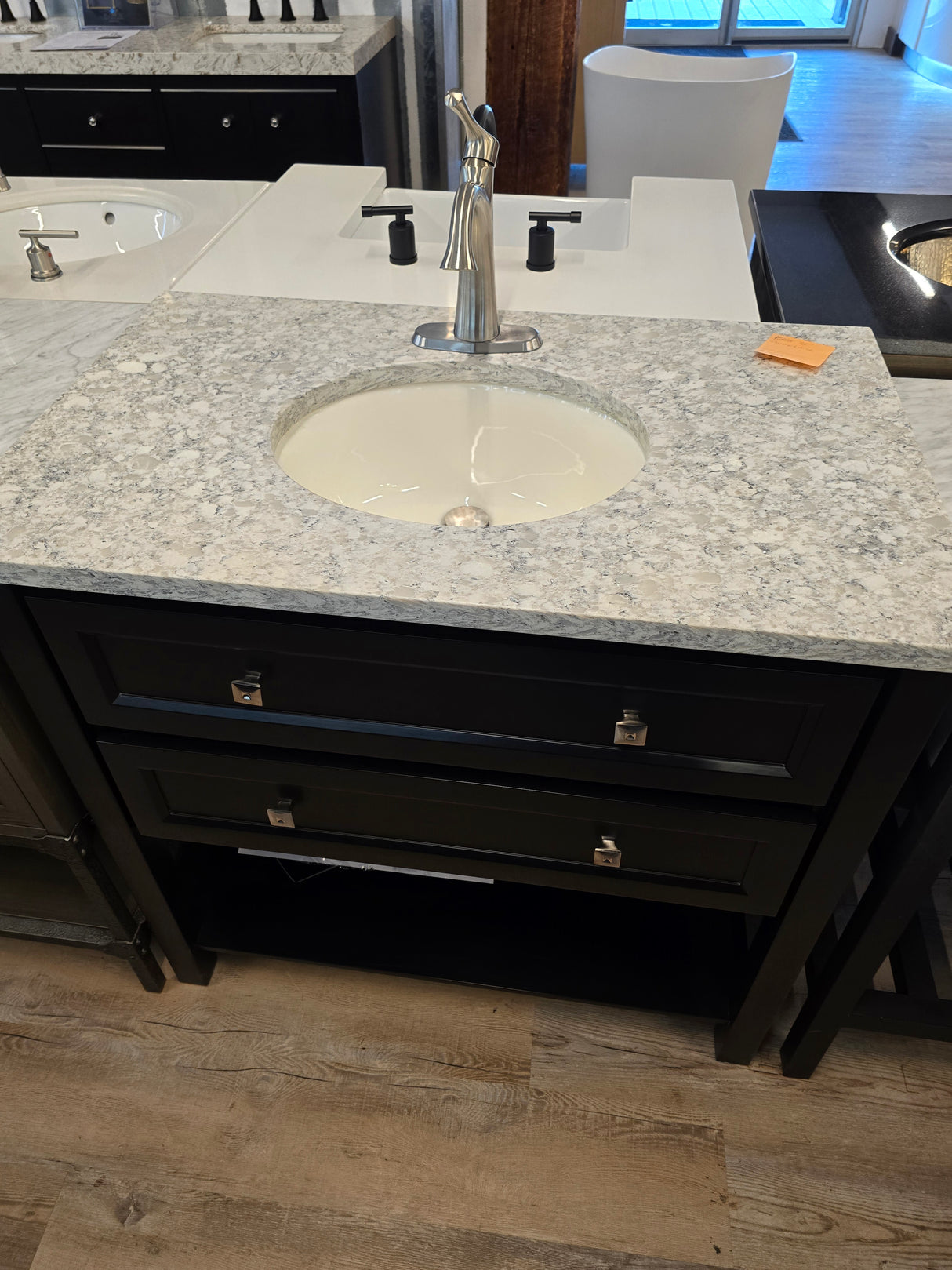 36.5" Black Vanity with Granite Top and Kohler Brushed Nickel Faucet
