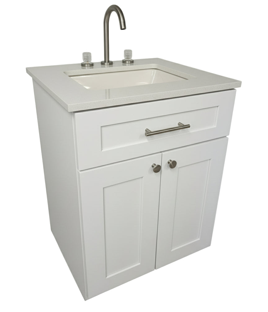 24" Cab-Tec White Shaker Vanity Set with Custom Quartz Top and Facetted Brushed Nickel Faucet