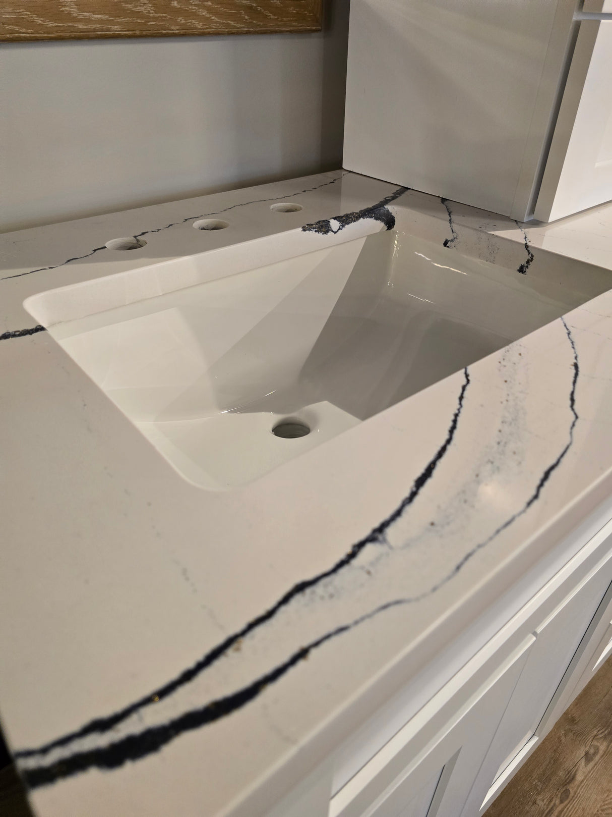 60" Cab-Tec Shaker White Double Vanity with *Optional* Storage Tower, Cambria Quartz Counter & Weathered Oak Mirrors