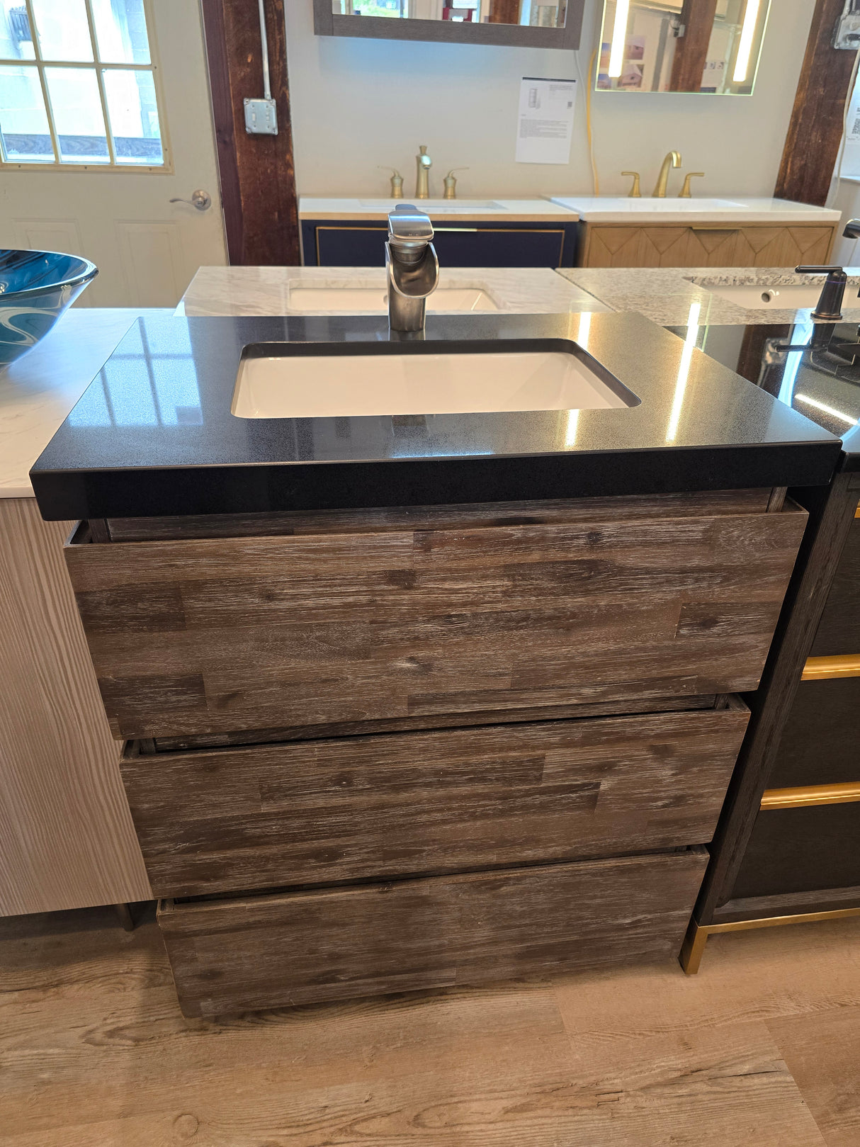 30" Dark, Natural Wood Vanity Set with Black Granite Top and Brushed Nickel Waterfall Faucet