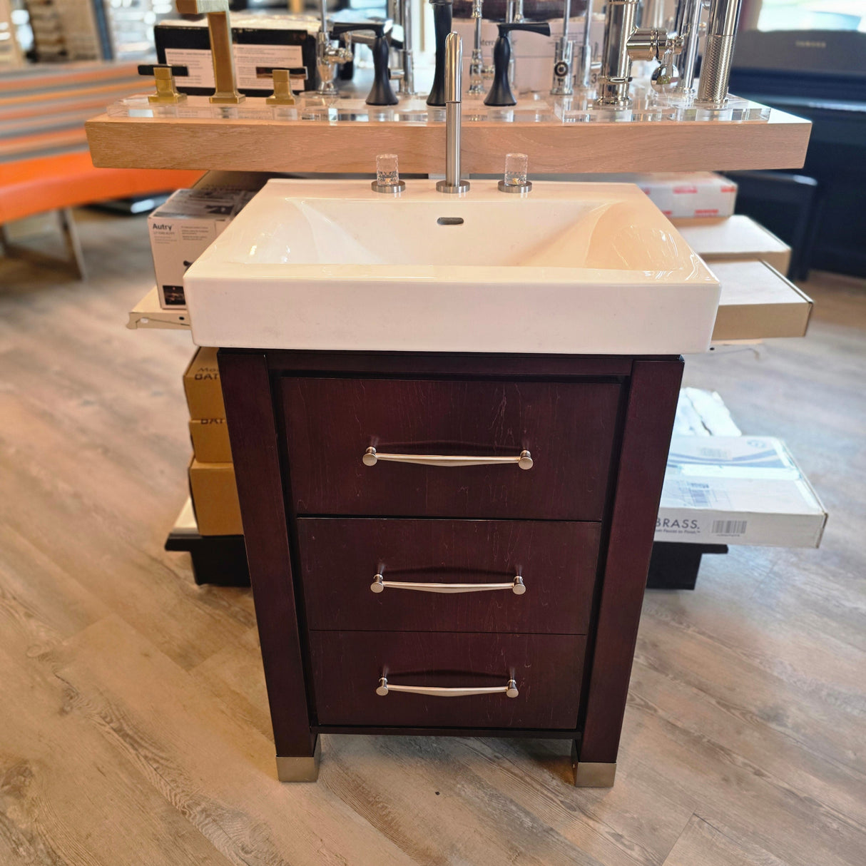 24" Fairmont Vanity in Espresso with Fairmont Ceramic Counter and Brushed Nickel Faucet with Fastened Knobs