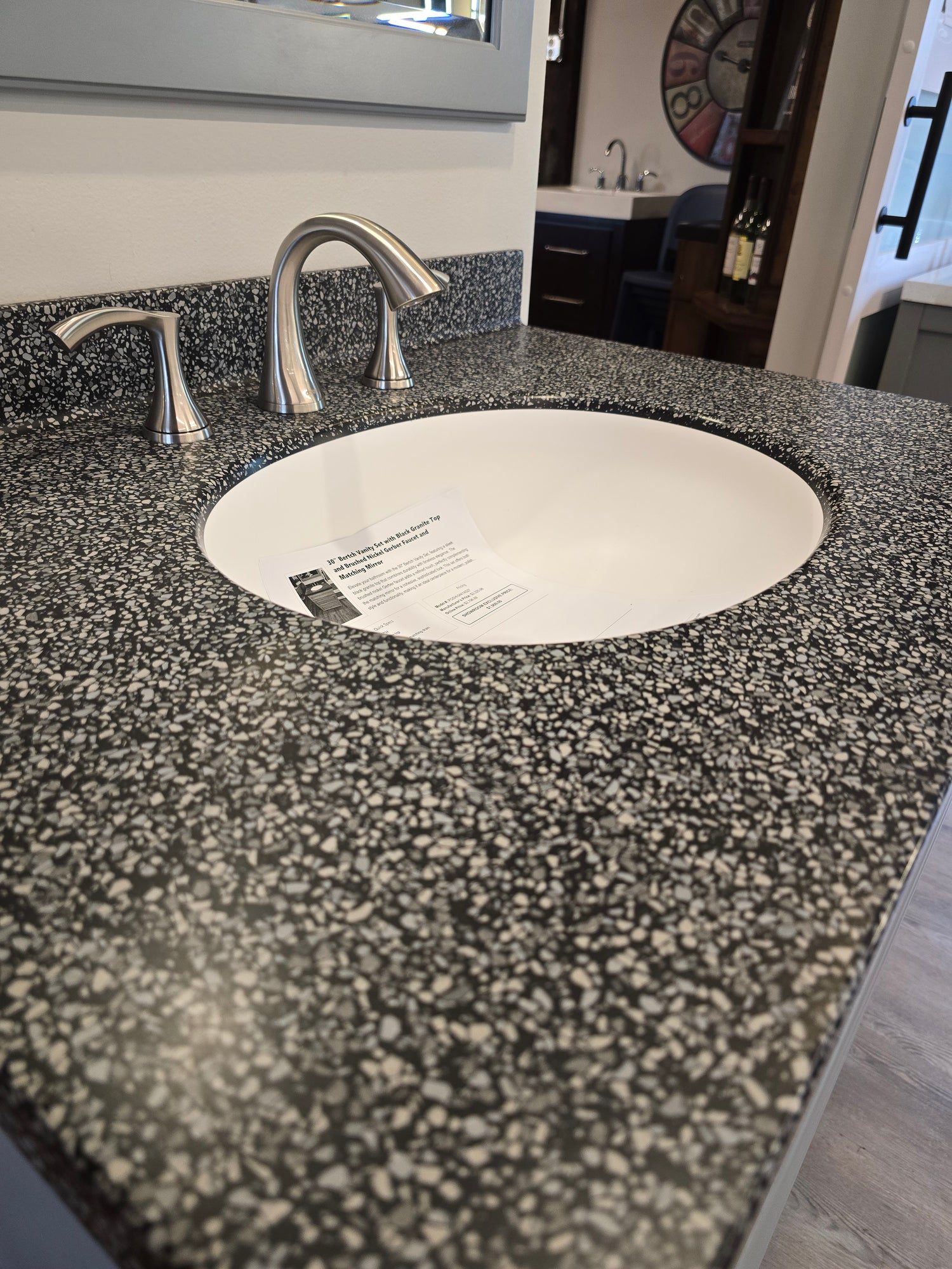 30" Bertch Vanity Set with Black Granite Top and Brushed Nickel Gerber Faucet and Matching Mirror