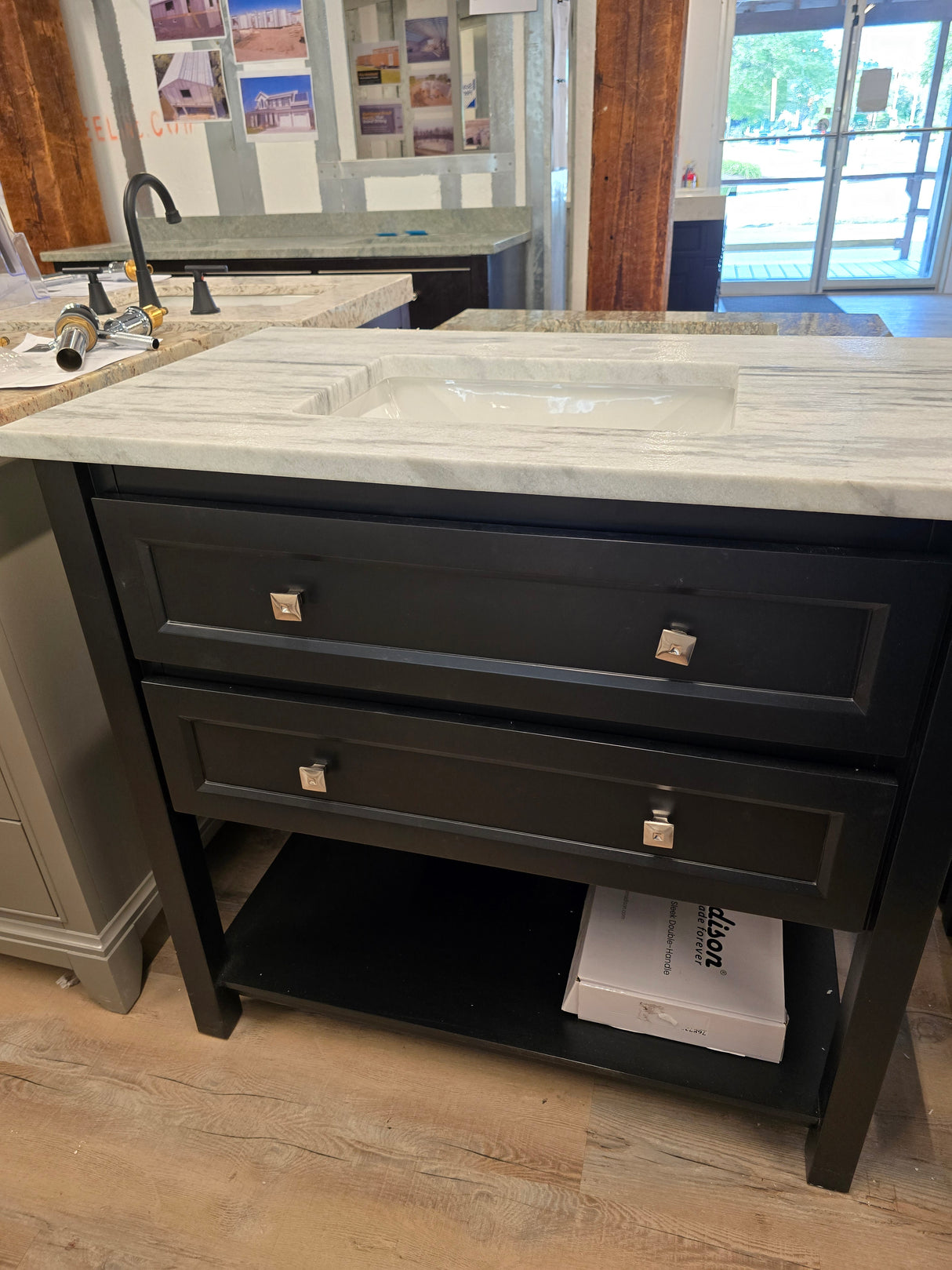 36" Jeffrey Alexander Black Adler Vanity with Roman White Natural Stone Countertop in Leather Finish